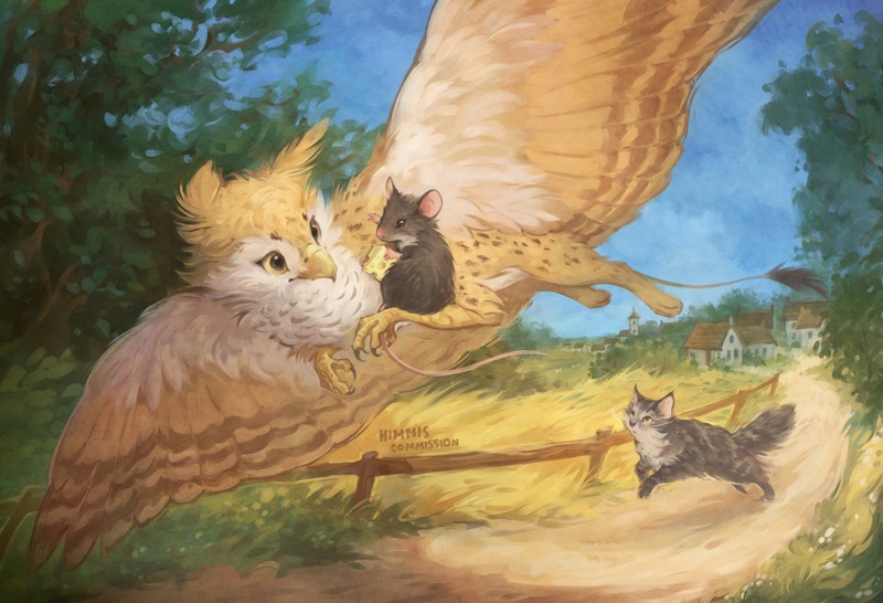 Size: 2560x1746 | Tagged: safe, artist:himmis, derpibooru import, oc, oc:beaky, unofficial characters only, cat, gryphon, mouse, fanfic:yellow feathers, carrying, cheese, escape, fanfic art, fence, flying, food, griffon oc, high res, image, jpeg, running, village, wheat, wings