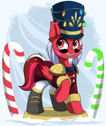 Size: 1658x1961 | Tagged: safe, artist:joaothejohn, derpibooru import, oc, oc:flamebrush, pegasus, pony, candy, candy cane, christmas, christmas lights, clothes, cute, food, hat, holiday, image, looking up, nutcracker, pegasus oc, png, simple background, snow, snowfall, wings