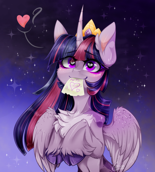 Size: 900x1000 | Tagged: safe, artist:carrion1750, derpibooru import, princess celestia, twilight sparkle, twilight sparkle (alicorn), alicorn, pony, crown, female, heart, heart eyes, image, implied princess celestia, jewelry, lesbian, letter, love letter, mouth hold, paper, png, regalia, shipping, twilestia, wingding eyes