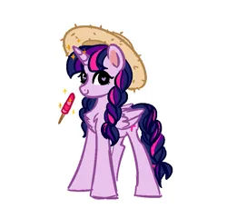 Size: 777x748 | Tagged: safe, artist:vetta, derpibooru import, twilight sparkle, alicorn, pony, braid, braided tail, chest fluff, food, hat, heart, heart eyes, ice cream, image, png, solo, straw hat, tail, wingding eyes