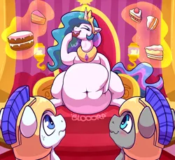 Size: 4000x3656 | Tagged: suggestive, artist:graphenescloset, derpibooru import, princess celestia, alicorn, pony, series:tons of sun, belly, belly button, big belly, blushing, cake, cakelestia, chubbylestia, eating, eyes closed, fat, food, huge belly, image, incentive drive, levitation, magic, obese, png, royal guard, stomach noise, telekinesis, varying degrees of want, weight gain, weight gain sequence