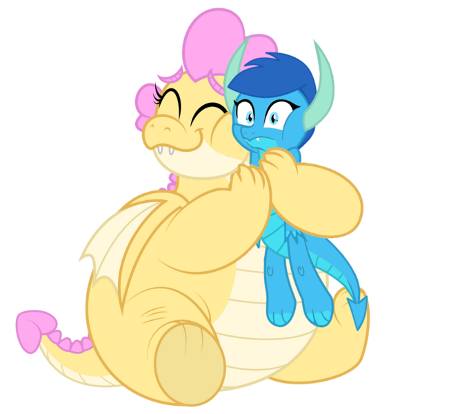 Size: 1020x940 | Tagged: safe, artist:ponygamer2020, derpibooru import, oc, oc:buttercream, oc:buttercream the dragon, oc:frosty, oc:frosty the dragon, unofficial characters only, dragon, absurd resolution, bear hug, cheek squish, chubby, claws, cute, cute little fangs, dragon oc, dragoness, duo, fangs, fat, female, hair, hand on hip, horn, hug, ice dragon, image, male, non-pony oc, personal space invasion, png, simple background, smiling, solo, squeezing, squishy cheeks, tail, teenaged dragon, teenager, transparent background, vector, wings