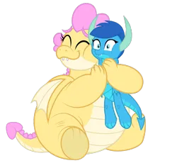 Size: 1020x940 | Tagged: safe, artist:ponygamer2020, derpibooru import, oc, oc:buttercream, oc:buttercream the dragon, oc:frosty, oc:frosty the dragon, unofficial characters only, dragon, absurd resolution, bear hug, cheek squish, chubby, claws, cute, cute little fangs, dragon oc, dragoness, duo, fangs, fat, female, hair, hand on hip, horn, hug, ice dragon, image, male, non-pony oc, personal space invasion, png, simple background, smiling, solo, squeezing, squishy cheeks, tail, teenaged dragon, teenager, transparent background, vector, wings