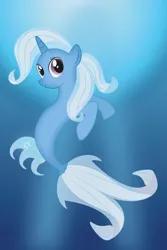 Size: 1200x1800 | Tagged: safe, artist:prixy05, derpibooru import, trixie, pony, seapony (g4), unicorn, blue mane, crepuscular rays, cute, digital art, dorsal fin, female, fish tail, flowing mane, flowing tail, horn, image, looking at you, mare, ocean, pink eyes, png, seaponified, seapony trixie, smiling, smiling at you, solo, species swap, sunlight, swimming, tail, underwater, water