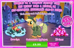 Size: 1962x1297 | Tagged: safe, derpibooru import, official, applejack, earth pony, pony, advertisement, alternate hairstyle, alternate timeline, applecalypsejack, apron, camouflage, clothes, costs real money, crystal war timeline, english, female, gameloft, gem, hair net, hat, image, jpeg, mare, numbers, sale, solo, solo focus, sombraverse, stain, text, water bottle, weights