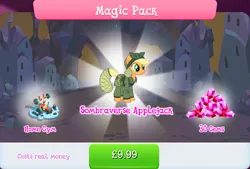 Size: 1264x853 | Tagged: safe, derpibooru import, official, applejack, earth pony, pony, alternate hairstyle, alternate timeline, applecalypsejack, apron, bundle, camouflage, clothes, costs real money, crystal war timeline, english, female, gameloft, gem, hair net, hat, image, jpeg, mare, numbers, sale, solo, solo focus, sombraverse, stain, text, water bottle, weights