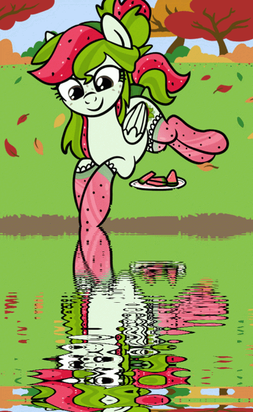 Size: 600x976 | Tagged: safe, artist:lannielona, derpibooru import, oc, oc:watermelana, unofficial characters only, pegasus, pony, animated, autumn, clothes, commission, female, food, freckles, gif, grass, image, leaves, mare, pegasus oc, plate, reflection, river, smiling, smiling at you, socks, solo, tree, water, watermelon, wings, ych result