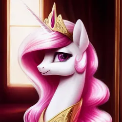 Size: 1024x1024 | Tagged: safe, derpibooru import, editor:dovakkins, machine learning generated, purplesmart.ai, stable diffusion, princess celestia, alicorn, pony, beautiful, bust, cute, female, image, jewelry, pink-mane celestia, png, portrait, smiling, solo