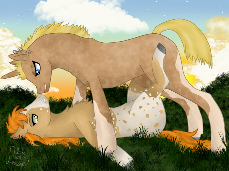 Size: 4000x3000 | Tagged: safe, artist:loopina, derpibooru import, oc, oc:alec, oc:lenn, ponified, earth pony, pony, unicorn, appaloosa, coat markings, commission, couple, dawn, gay, image, love, male, meadow, png, stallion, sunrise