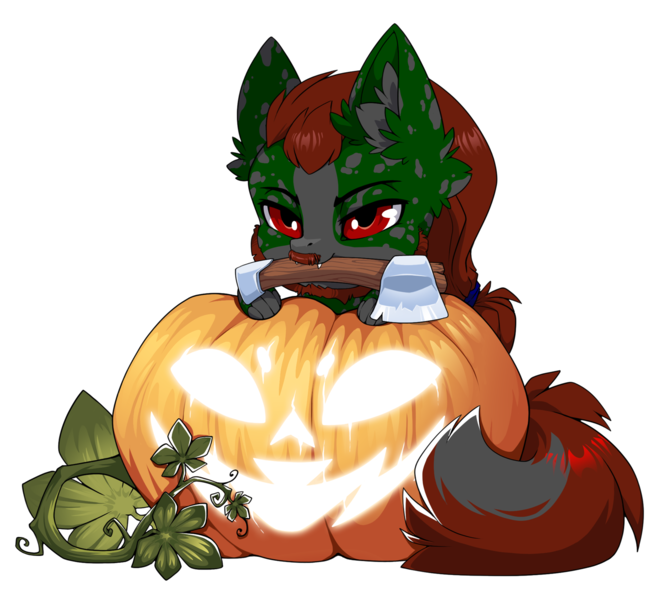 Size: 1500x1364 | Tagged: safe, artist:arctic-fox, derpibooru import, oc, oc:well geboren, dog, dog pony, earth pony, hybrid, original species, axe, commission, hatchet, image, mouth hold, png, pumpkin, simple background, solo, transparent background, weapon, ych result