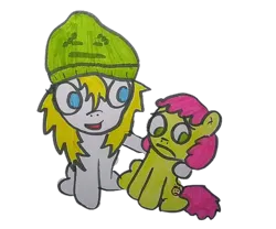 Size: 548x455 | Tagged: safe, artist:dex stewart, derpibooru import, oc, oc:amber alert, oc:fargate, unofficial characters only, earth pony, pony, derpibooru community collaboration, 2023 community collab, aqua teen hunger force, beanie, hat, ignignokt, image, png, traditional art