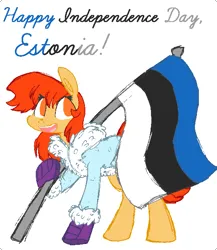 Size: 552x635 | Tagged: safe, artist:artflicker, derpibooru import, oc, oc:flicker split, unofficial characters only, earth pony, pony, boots, clothes, earth pony oc, estonia, female, flag, holding a flag, image, independence day, looking at you, mare, national flag, no pupils, open mouth, open smile, png, shoes, simple background, smiling, smiling at you, solo, standing, white background, winter jacket, winter outfit