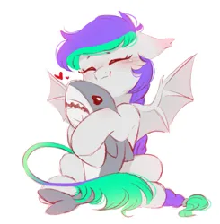 Size: 1049x1072 | Tagged: safe, artist:melodylibris, derpibooru import, oc, oc:lony, unofficial characters only, bat pony, pony, shark, bat pony oc, bat wings, blushing, blåhaj, female, floating heart, heart, hug, image, jpeg, mare, plushie, shark plushie, simple background, sitting, smiling, solo, spread wings, white background, wings