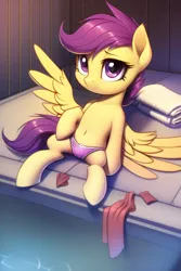 Size: 512x768 | Tagged: suggestive, derpibooru import, machine learning generated, novelai, stable diffusion, scootaloo, pegasus, pony, belly button, clothes, discarded clothing, female, filly, foal, hot tub, image, jacuzzi, looking at you, png, purple swimsuit, sitting, solo, solo female, sports panties, swimsuit, towel