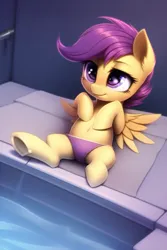 Size: 512x768 | Tagged: suggestive, derpibooru import, machine learning generated, novelai, stable diffusion, scootaloo, pegasus, pony, belly button, clothes, female, filly, foal, frog (hoof), hot tub, image, jacuzzi, png, purple swimsuit, sitting, solo, solo female, sports panties, swimsuit, towel, underhoof