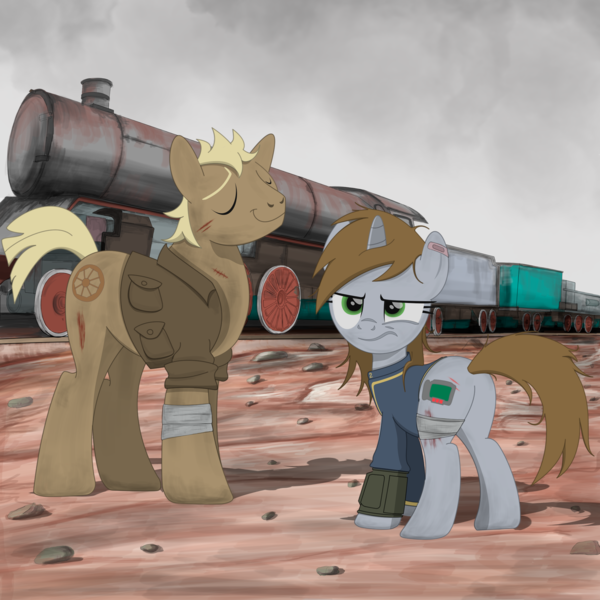 Size: 2000x2000 | Tagged: safe, artist:dddromm, derpibooru import, oc, oc:littlepip, unnamed oc, unofficial characters only, earth pony, pony, unicorn, fallout equestria, butt, clothes, duo, duo male and female, earth pony oc, eyebrows, eyes closed, fanfic art, female, frown, high res, horn, image, jumpsuit, male, mare, new appleloosa, pipbuck, plaster, plot, png, rear view, scratches, smiling, stallion, train, unamused, unicorn oc, vault suit