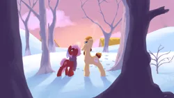 Size: 1920x1080 | Tagged: safe, artist:storyteller, derpibooru import, oc, oc:bloodworm, oc:omelette, unofficial characters only, earth pony, breath, clothes, colored, cute, hoofprints, image, lineless, png, scarf, snow, tree