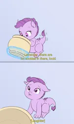 Size: 969x1603 | Tagged: safe, artist:carnifex, derpibooru import, oc, oc:lavender, dracony, hybrid, pony, 2 panel comic, comic, cookie, cookie jar, cute, female, filly, floppy ears, foal, food, image, implied rarity, interspecies offspring, jpeg, levitation, looking up, magic, offscreen character, offspring, parent:rarity, parent:spike, parents:sparity, sad, sadorable, solo, subtitles, telekinesis