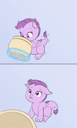 Size: 969x1603 | Tagged: safe, alternate version, artist:carnifex, derpibooru import, oc, oc:lavender, dracony, dragon, hybrid, pony, 2 panel comic, comic, cookie, cookie jar, cute, female, filly, floppy ears, foal, food, image, implied rarity, interspecies offspring, jpeg, levitation, looking up, magic, offscreen character, offspring, parent:rarity, parent:spike, parents:sparity, sad, sadorable, solo, telekinesis, textless version