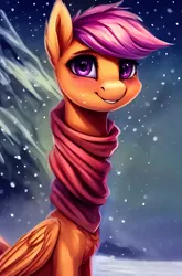 Size: 657x997 | Tagged: safe, derpibooru import, machine learning generated, purplesmart.ai, stable diffusion, scootaloo, pegasus, pony, clothes, dialogue, female, image, long neck, long pony, looking at you, mare, neck, png, scarf, smiling, snow, snowfall, solo