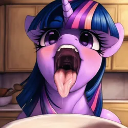 Size: 960x960 | Tagged: suggestive, machine learning generated, novelai, twilight sparkle, pony, unicorn, blushing, drool, female, gullet, image, imminent vore, kitchen, looking at you, mare, mawshot, micro, offscreen character, open mouth, png, pov, salivating, solo, solo female, teeth, tongue out, twipred, unicorn twilight, vore