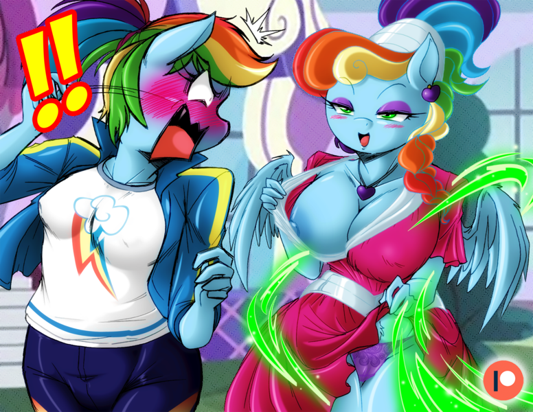 Size: 1940x1500 | Tagged: questionable, artist:boastudio, derpibooru import, rainbow dash, anthro, changeling, pegasus, alternate hairstyle, angry, areola, blank eyes, blushing, breasts, busty rainbow dash, cameltoe, clothes, disguise, disguised changeling, emanata, exclamation point, image, megaradash, nipples, nudity, open mouth, panties, partial nudity, png, skirt, skirt lift, underwear