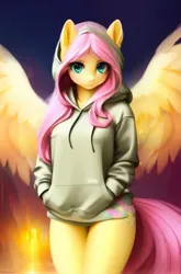 Size: 757x1148 | Tagged: safe, derpibooru import, machine learning generated, purplesmart.ai, stable diffusion, fluttershy, anthro, pegasus, clothes, eye clipping through hair, eyebrows, eyelashes, female, hoodie, image, no pants, png, schrödinger's pantsu
