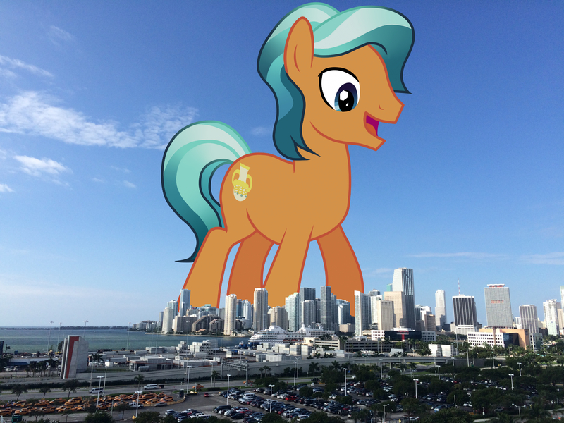 Size: 3264x2448 | Tagged: safe, artist:cloudyglow, artist:jaredking779, derpibooru import, citrine nectar, golden väs, crystal pony, earth pony, pony, background pony, florida, giant pony, giant/macro earth pony, high res, highrise ponies, image, irl, jpeg, macro, male, mega giant, miami, open mouth, photo, ponies in real life, smiling, solo, stallion