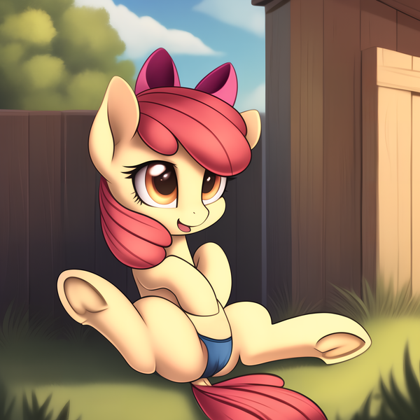 Size: 2048x2048 | Tagged: suggestive, alternate version, derpibooru import, machine learning generated, novelai, stable diffusion, apple bloom, earth pony, pony, clothes, dock, female, filly, foal, foalcon, frog (hoof), image, open mouth, panties, png, solo, spread legs, spreading, tail, underage, underhoof, underwear