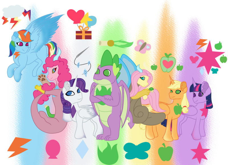 Size: 1280x927 | Tagged: safe, artist:princessshadowluna, derpibooru import, applejack, fluttershy, pinkie pie, rainbow dash, rarity, spike, twilight sparkle, twilight sparkle (alicorn), alicorn, draconequus, dragon, alicornified, applecorn, draconequified, flutterequus, image, older, older spike, pinkonequus, png, race swap, rainbowcorn, raricorn, species swap