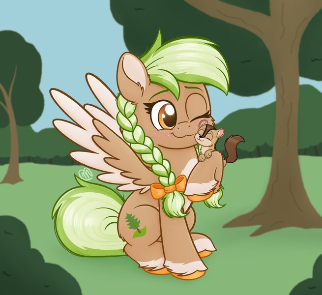 Size: 1678x1536 | Tagged: safe, artist:msaniiart, derpibooru import, oc, oc:sylvia evergreen, unofficial characters only, chipmunk, pegasus, pony, braid, braided pigtails, cute, female, forest, forest background, freckles, hair tie, happy, hug, image, jpeg, mare, one eye closed, pegasus oc, pigtails, simple background, sitting, tree, unshorn fetlocks, wings