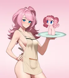 Size: 512x576 | Tagged: suggestive, derpibooru import, machine learning generated, novelai, stable diffusion, pinkie pie, human, pony, abstract, apron, bare shoulders, clothes, human ponidox, humanized, image, naked apron, partial nudity, png, self paradox, self ponidox, sleeveless, two legged creature