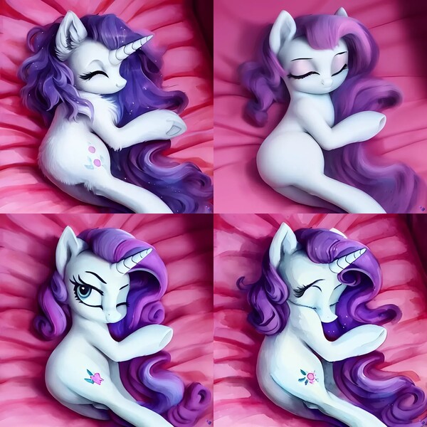 Size: 2048x2048 | Tagged: safe, derpibooru import, machine learning generated, purplesmart.ai, stable diffusion, earth pony, pony, unicorn, beautiful hair, bed, blank flank, chest fluff, cute, cuteness overload, cutie mark, ear fluff, female, filly, foal, horn, image, jpeg, one eye closed, onomatopoeia, purple mane, sleeping, sound effects, white fur, zzz