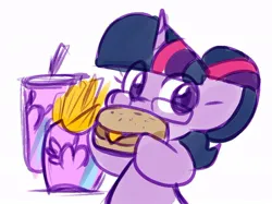 Size: 888x665 | Tagged: safe, artist:zutcha, derpibooru import, sci-twi, twilight sparkle, pony, unicorn, burger, drink, food, french fries, glasses, image, jpeg, looking at you, soda, solo, that pony sure does love burgers, twilight burgkle, unicorn twilight