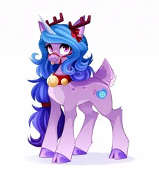 Size: 1104x1200 | Tagged: safe, artist:buvanybu, derpibooru import, izzy moonbow, deer, deer pony, original species, pony, unicorn, antlers, bell, bell collar, collar, deerified, g5, halter, image, jpeg, open mouth, open smile, reindeer antlers, simple background, smiling, solo, species swap, tack, tongue out, white background