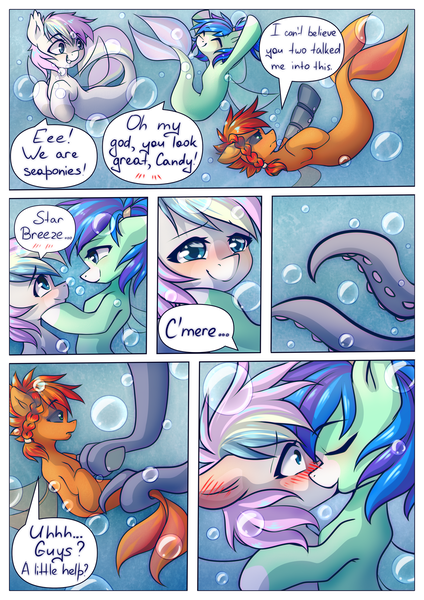 Size: 1052x1488 | Tagged: safe, artist:chaosangeldesu, derpibooru import, oc, oc:candy bits, oc:flaming hoof, oc:star breeze, pony, seapony (g4), comic, commission, cute, image, kiss on the lips, kissing, oc x oc, ocean, png, shipping, tentacles, water