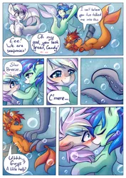 Size: 1052x1488 | Tagged: safe, artist:chaosangeldesu, derpibooru import, oc, oc:candy bits, oc:flaming hoof, oc:star breeze, pony, seapony (g4), comic, commission, cute, image, kiss on the lips, kissing, oc x oc, ocean, png, shipping, tentacles, water