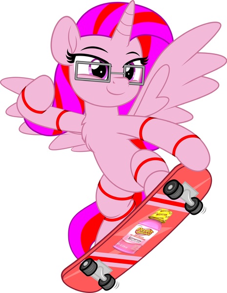 Size: 1561x2015 | Tagged: safe, artist:jhayarr23, derpibooru import, oc, oc:pepto, oc:pepto bismol, alicorn, pony, derpibooru community collaboration, 2023 community collab, bipedal, female, glasses, image, jpeg, mare, simple background, skateboard, solo, white background