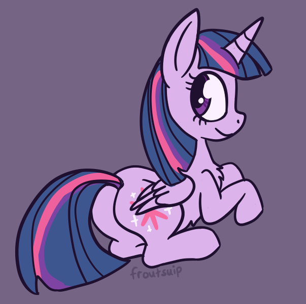 Size: 645x642 | Tagged: safe, artist:froutsuip, derpibooru import, twilight sparkle, twilight sparkle (alicorn), alicorn, image, looking back, lying down, png, simple background