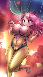 Size: 720x1280 | Tagged: suggestive, artist:lumineko, derpibooru import, fluttershy, human, big breasts, breasts, busty fluttershy, cleavage, clothes, erect nipples, eyelashes, harness, image, jpeg, jumpsuit, midriff, nipple outline, open mouth, parachute, skydiving, solo, tack, tree