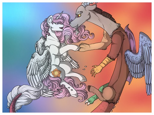 Size: 512x384 | Tagged: safe, artist:binibean, derpibooru import, discord, princess celestia, alicorn, draconequus, pony, dislestia, duo, female, image, jpeg, male, pink-mane celestia, shipping, straight, younger