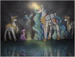 Size: 512x384 | Tagged: safe, artist:binibean, derpibooru import, princess celestia, alicorn, pegasus, pony, unicorn, female, glow, glowing horn, horn, image, jpeg, magic, male, rain, royal guard