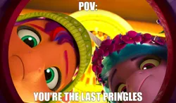 Size: 798x467 | Tagged: safe, derpibooru import, edit, edited screencap, screencap, izzy moonbow, sunny starscout, ponified, pony, my little pony: a new generation, spoiler:g5, spoiler:winter wishday, chips, food, g5, image, imminent vore, meme, offscreen character, png, ponified meme, potato chips, pringles, reference, text, winter wishday