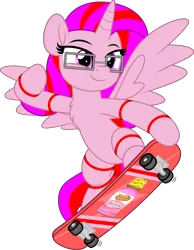 Size: 5000x6454 | Tagged: safe, artist:jhayarr23, derpibooru import, oc, oc:pepto, oc:pepto bismol, unofficial characters only, alicorn, pony, derpibooru community collaboration, 2023 community collab, bipedal, female, glasses, image, mare, png, simple background, skateboard, solo, transparent background, white background