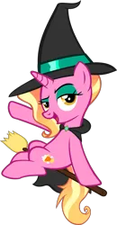 Size: 2603x5010 | Tagged: safe, artist:ironm17, derpibooru import, luster dawn, pony, unicorn, broom, female, hat, image, looking at you, mare, open mouth, png, simple background, smiling, solo, transparent background, witch, witch costume, witch hat
