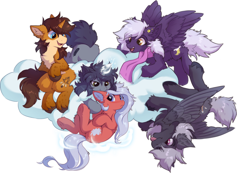 Size: 1500x1097 | Tagged: safe, artist:hioshiru, artist:nighty, derpibooru import, oc, oc:amur leo, oc:fletch, oc:kate, oc:nighty cloud, unofficial characters only, earth pony, pegasus, pony, unicorn, derpibooru community collaboration, 2023 community collab, :p, butt, chest fluff, clothes, cloud, collaboration, colored pupils, ear fluff, female, fluffy, flying, image, male, plot, png, scarf, simple background, smiling, tongue out, transparent background, wings