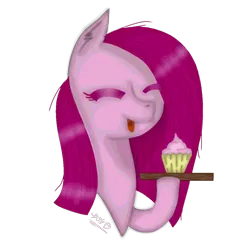 Size: 1000x1000 | Tagged: safe, artist:sunriseshine88, derpibooru import, pinkie pie, earth pony, pony, bust, cupcake, eyes closed, female, food, image, open mouth, pinkamena diane pie, png, simple background, solo, transparent background