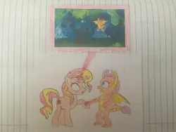 Size: 3264x2448 | Tagged: safe, artist:dupontsimon, derpibooru import, ocellus, smolder, sunset shimmer, fanfic:magic show of friendship, equestria girls, what lies beneath, disguise, disguised changeling, fanfic art, image, jpeg, lined paper, traditional art