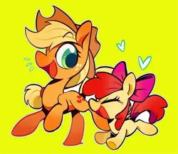 Size: 1815x1575 | Tagged: safe, artist:ache13337003, derpibooru import, apple bloom, applejack, earth pony, pony, apple sisters, female, filly, foal, heart, image, jpeg, mare, siblings, simple background, sisters
