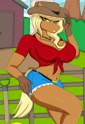 Size: 4016x5888 | Tagged: suggestive, artist:cbear624, derpibooru import, oc, anthro, earth pony, belly button, belt, blonde hair, blonde mane, blonde tail, breasts, cleavage, clothes, cowboy hat, cowgirl, cowgirl outfit, daisy dukes, earth pony oc, eyelashes, female, front knot midriff, gloves, hat, hips, image, jewelry, lidded eye, lidded eyes, looking at you, midriff, necklace, outdoors, png, shirt, short sleeves, shorts, solo, tail, thighs